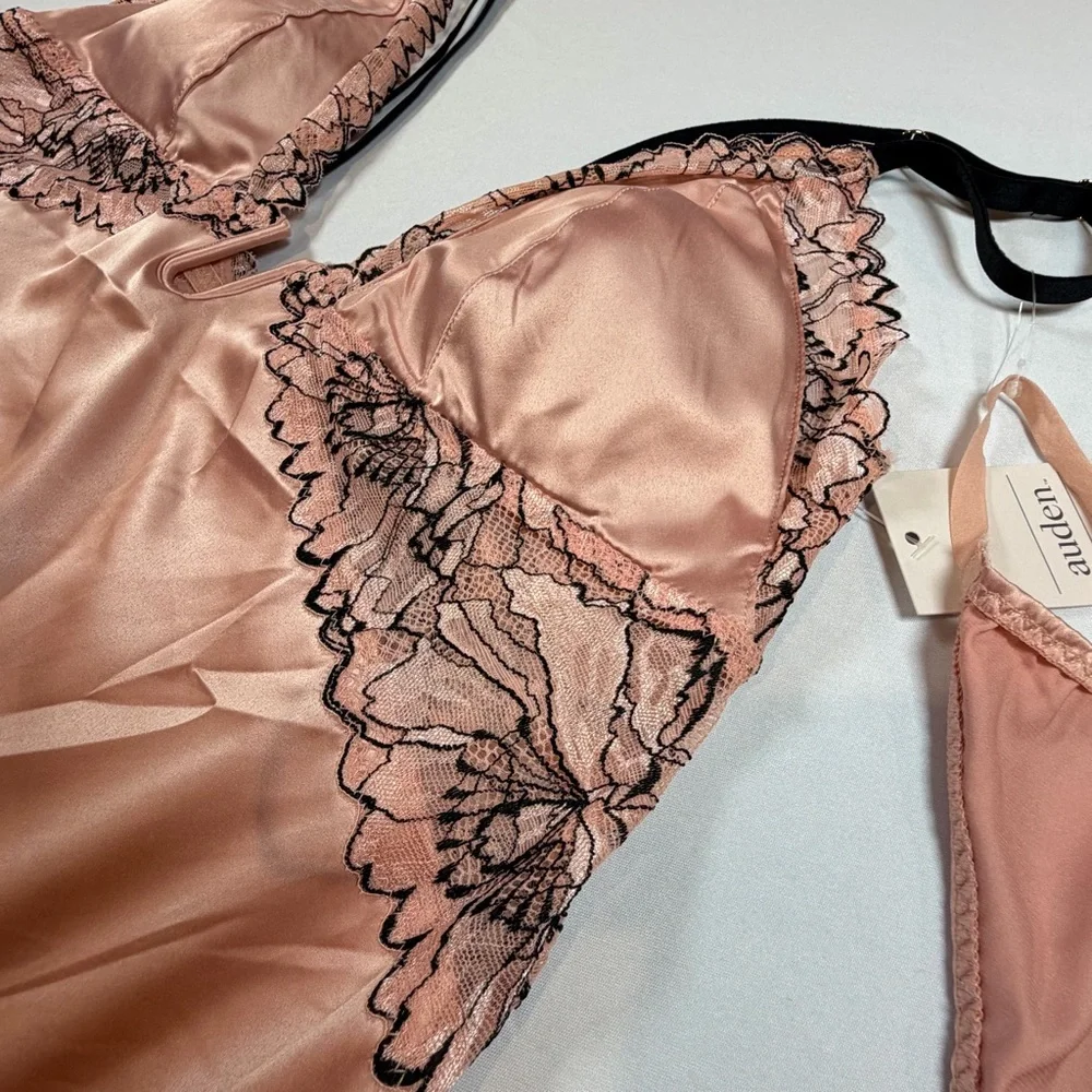 Auden Blush Pink With Black Lace Trim Silky‎ Babydoll  Lingerie Set In Medium